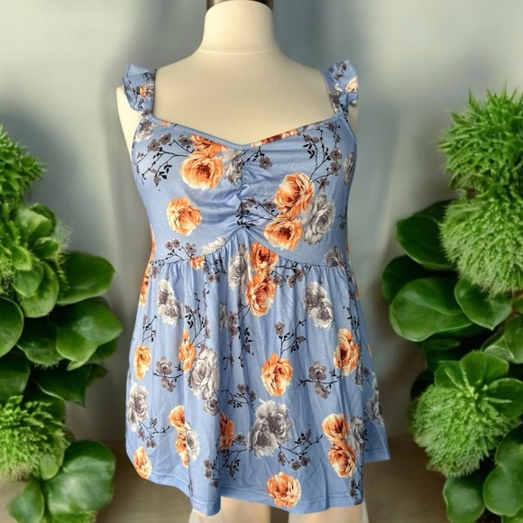 NWT!Floral Blue Sleeveless Top with adjustable ruffle strap size 14-16 or 1X - Picture 2 of 7